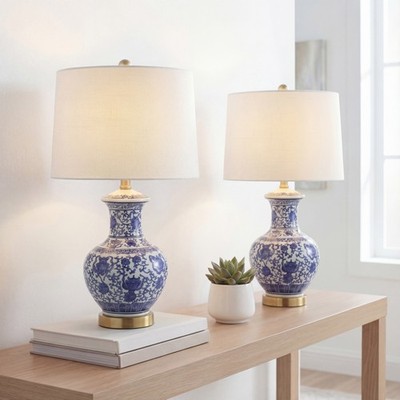 JONATHAN Y Gemma 25.25'' Ceramic/Metal LED Table Lamp, Blue/White (Set of 2)
