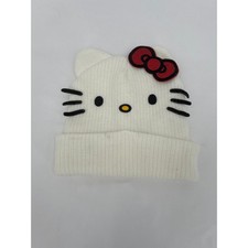 Hello Kitty Knit Beanie Hat White with 3D Ears Red Bow Kids