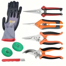 8 Pcs Garden Set.  4 Trimming Scissors, Sharpener, Gloves (S), 2 Plant Tie Rolls