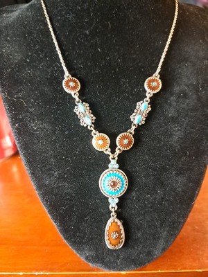 NRT (Avon) Vintage boho Turquoise Blue & Brown Enamel Silver Tone Necklace 16''