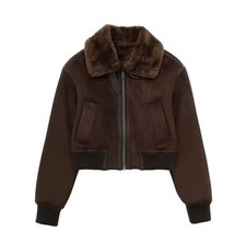 Cropped Jacket Women's Aviator Zip up Fur collar Fleece Lined Brown L