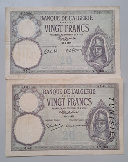 Algeria Tunisia 2 x 20 francs 1939 1941 see other sales