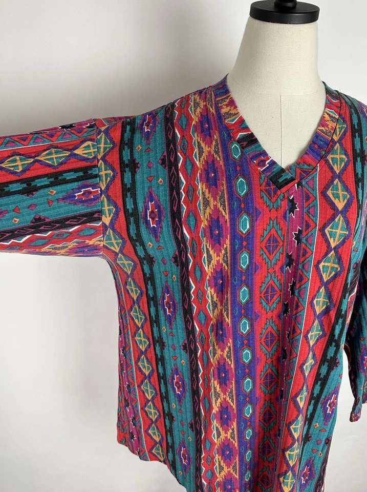 Vintage Southwestern T-Shirt MATERNITY L Colorful Jewel Tone Stripe Western Mom  - Image 4 of 4