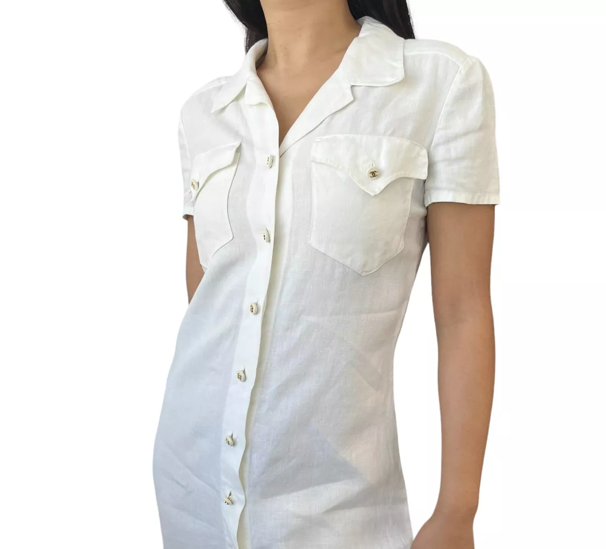 CHANEL Vintage 97P CC Mark Button Shirt Dress #36 One-piece White Linen  Rank AB