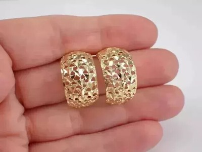 For Women Vintage Wide Half Hoop Huggies Earrings Solid 14K Yellow Gold Plated