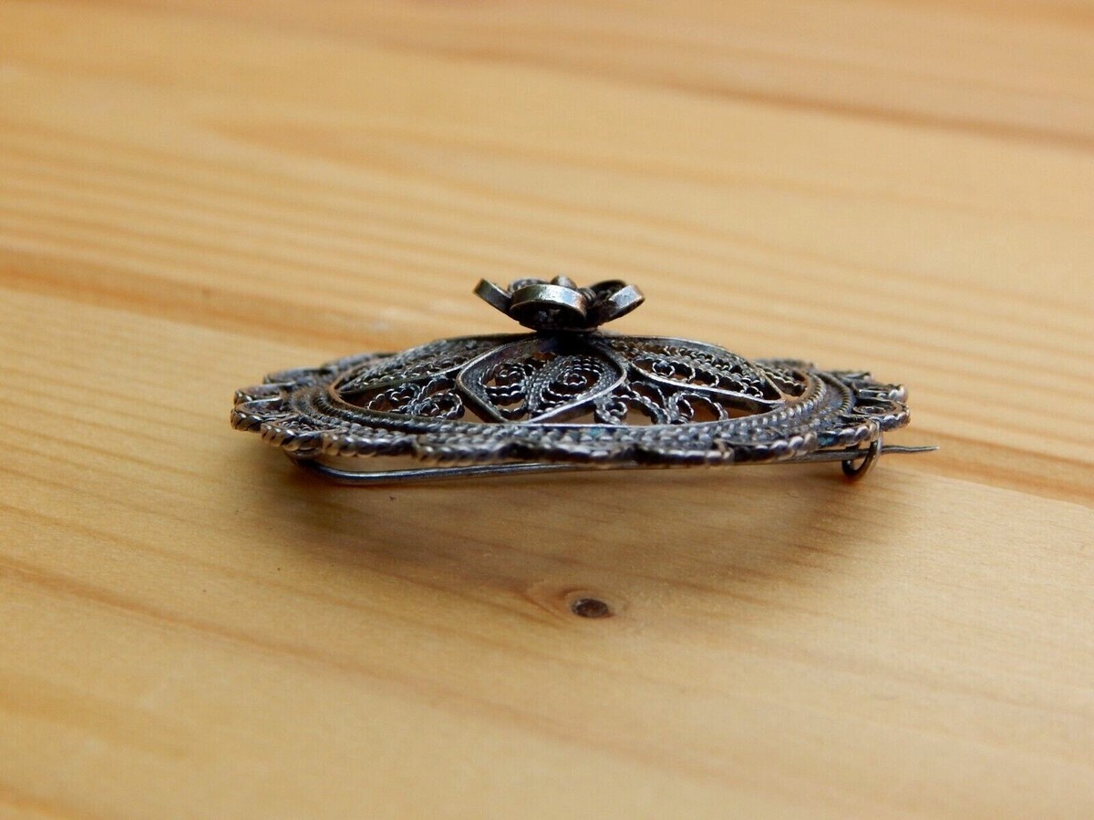 Antique Silver Pin Filigree Brooch Flower Motive Vintage Jewelry