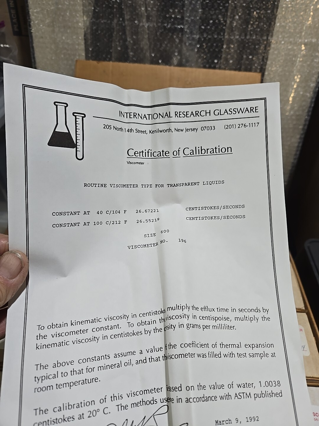 Vintage Fenske Calibrated Viscometer Routine Size 600 With Certificate #196