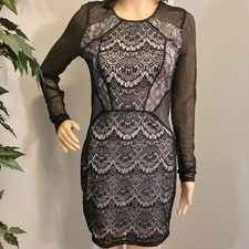 EXPRESS Long Sleeve Lace Fish Net Black Nude Bodycon Party Dress Women’s Size S