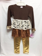New Mallory May Girl's Long Sleeve Brown  Gold Lame Leopard Print Fur Pant Set