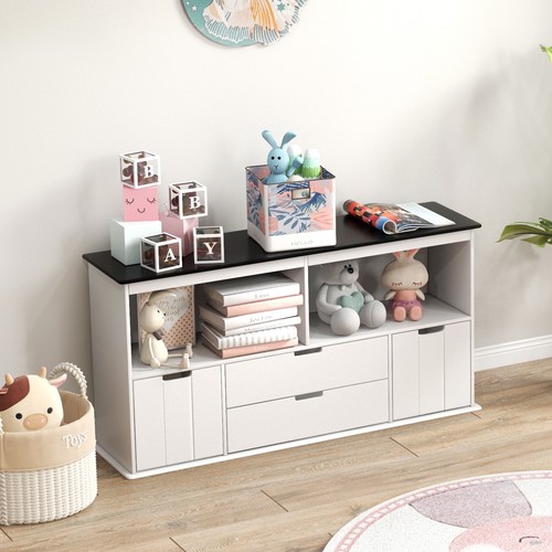Kids Toy Storage Organizer Wooden Bookshelf TV Stand w/ Drawers Blackboard Top - Picture 2 of 10