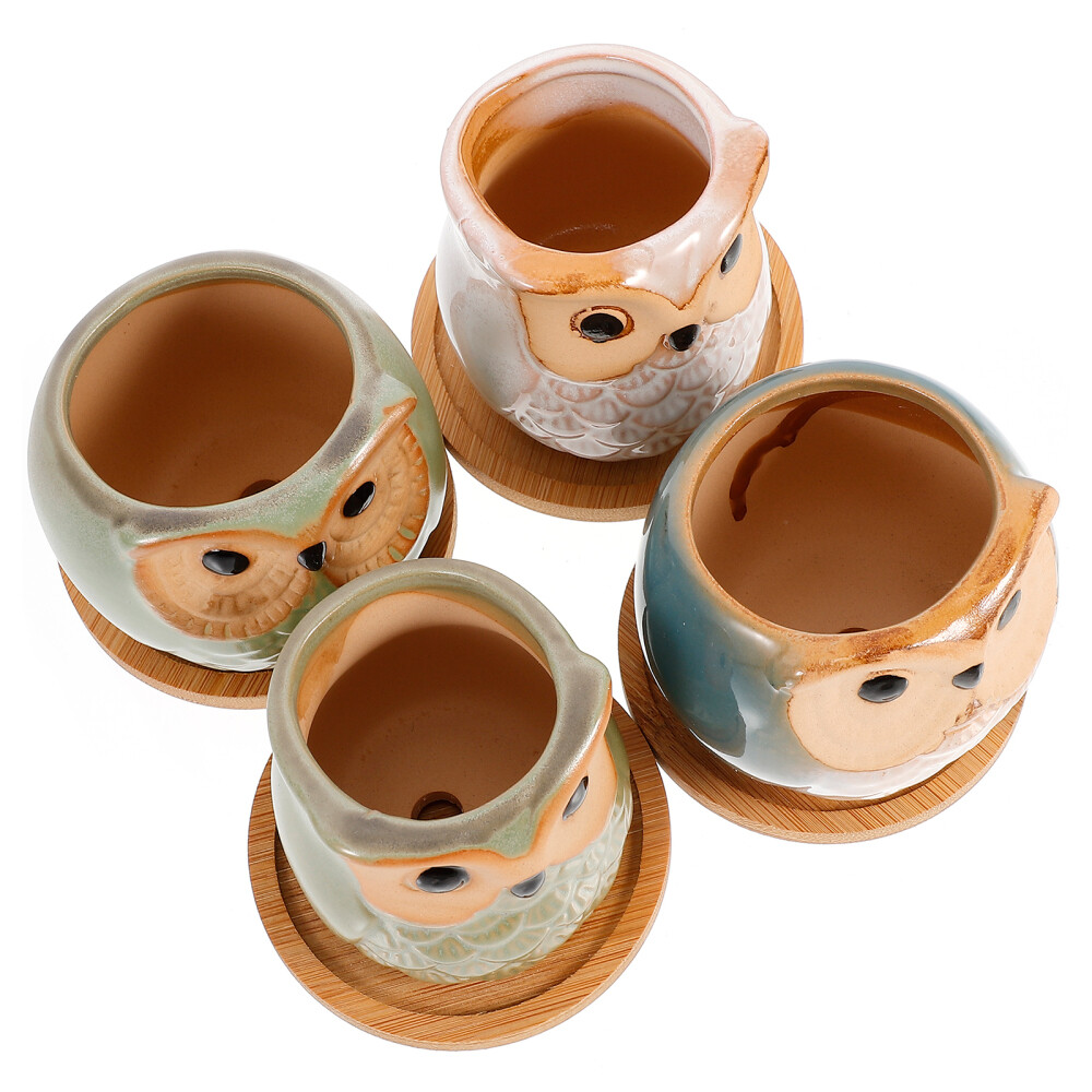 Owl Small Flower Pot Bamboo Office Dining Table Decor Ceramic Plant