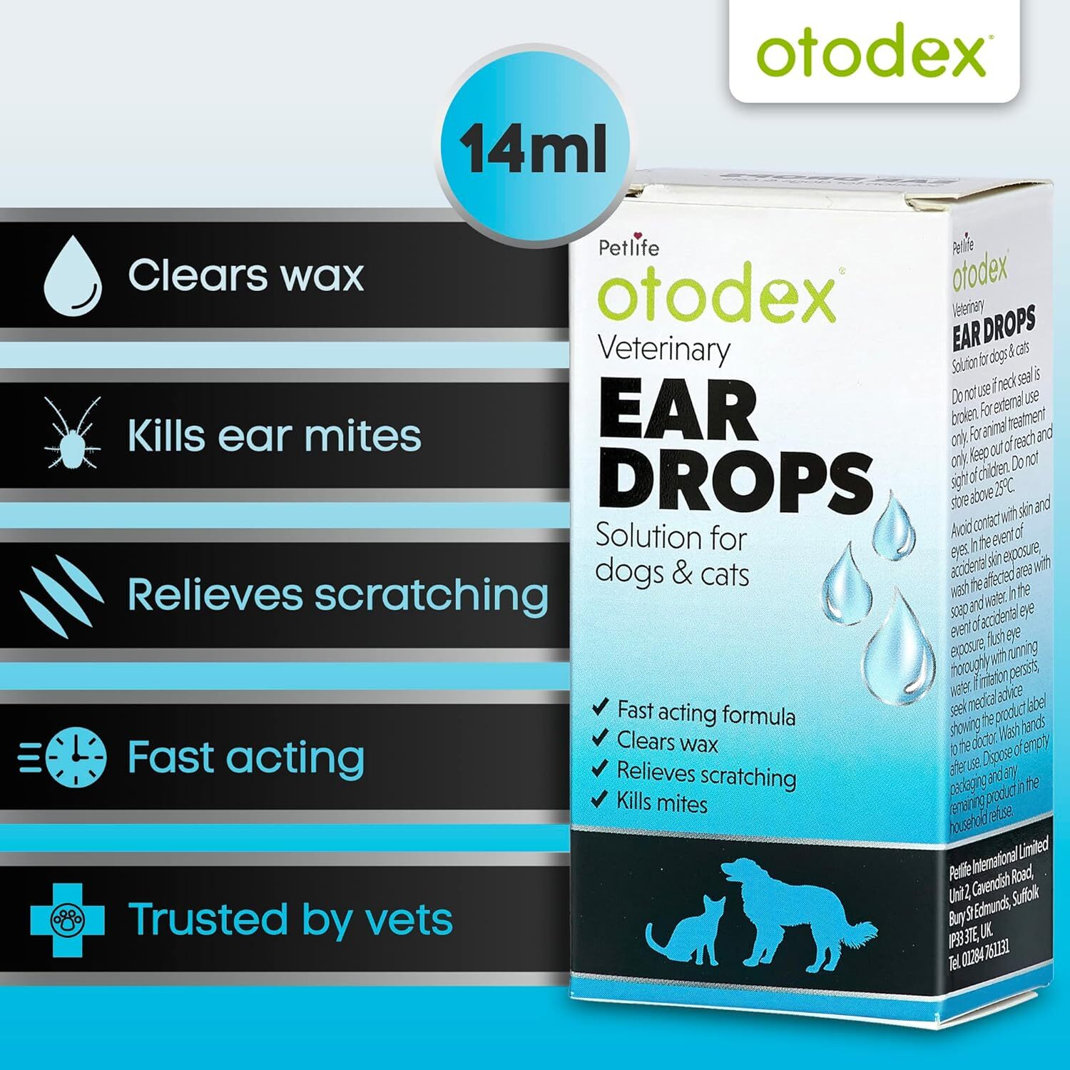 Petlife Otodex Cat Dog Pet Ear Drops Fast Acting Releif 14ml NEW