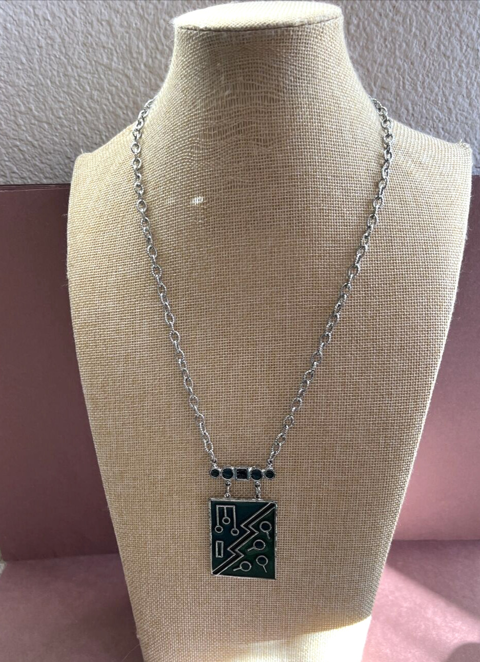 Silver Chain Necklace With Rectangular Green Enam… - image 4