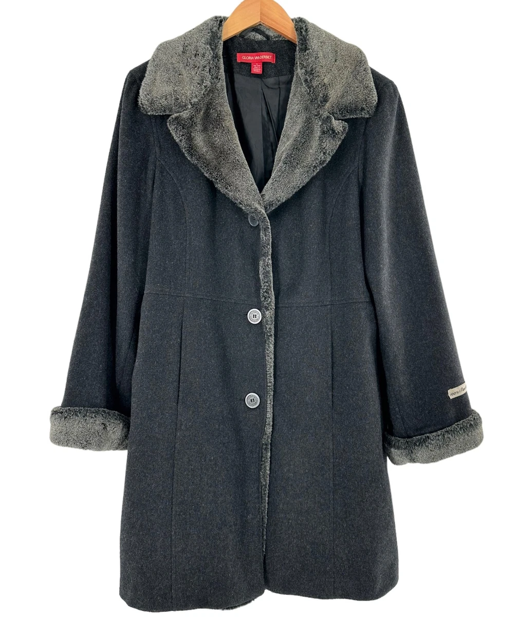 NEW Gloria Vanderbilt Charcoal Gray Wool Faux Fur Collar Coat Size XL | eBay