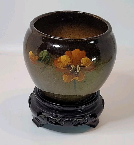 Vtg OWENS? Standard Glaze Art Pottery Vase Yellow Flowers 4" Unmarked AS FOUND - Picture 2 of 16