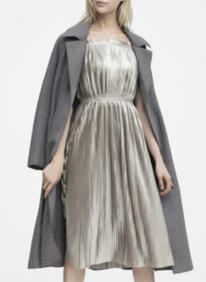 banana republic satin pleated midi dress NWT Banana Republic Metallic Silver Pleated Midi Dress Sz 2
