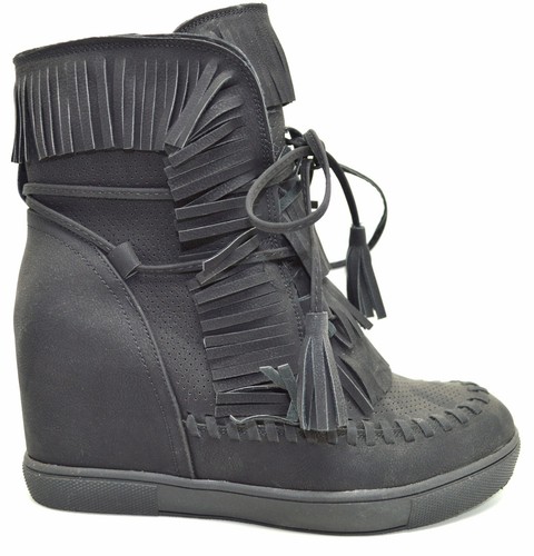 STIVALETTI NERI DONNA TRONCHETTI ROSA CON FRANGE BASSI STIVALI CON ZEPPA  INTERNA | eBay