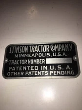 Stinson Tractor Company Minneapolis U.S.A Tractor Id Tag Serial Number Tag