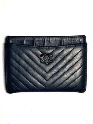 Chanel Lambskin Card Case Navy Leather Buoy Stitch Business Card Holder