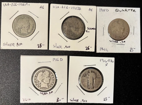 5 US Silver Quarters: 4 Barber; 1 Stand. Liberty (1916D in VG, rest as "junk")