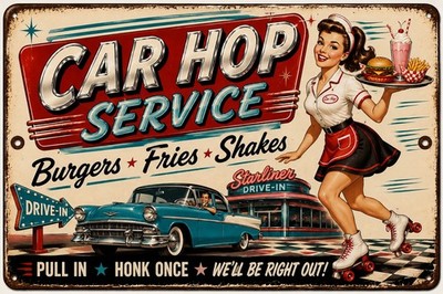 1950s Car Hop Service Metal Tin Sign Drive-In Diner Burgers Fries Shakes 8x12
