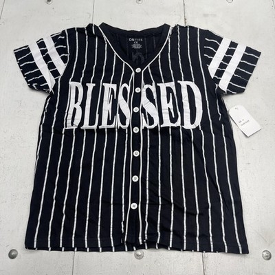 On Fire Button Up Shirt Womens 1X Black Stripe V Neck Blessed Faith Jersey Top