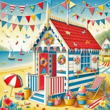 SUMMER HOLIDAY SEASIDE BEACH HUT - 8" x 8" UNFRAMED PRINT OTHERS ARE LISTED 442