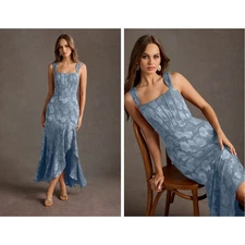 NWT AZAZIE Atelier Alice Dusty Blue Floral Trumpet Hem Bridesmaid Dress US 12