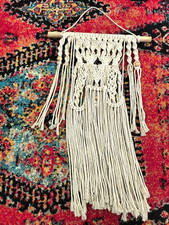 Handcrafted 70s Boho Macrame Wall Hanging 18 X28" Twist w/ Wooden Beads
