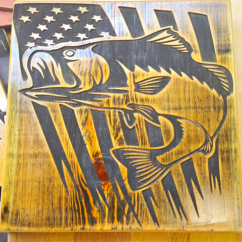 Rustic Wood Fishing Plaque, Fish & American Flag Pattern, Vertical Square