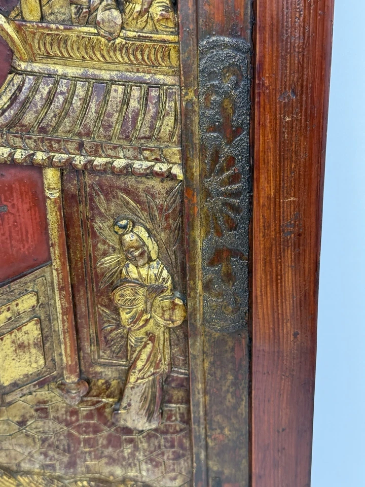 "Antiguo templo chino del siglo XIX tallado a mano dorado y rojo dorado decoración 23,5""" Foto 3 de 4