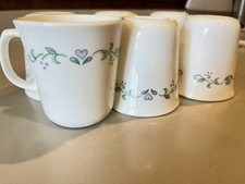 Set of 6 Vintage Corning USA Coffee Mugs Blue Heart Green Floral Milk Glass Cups