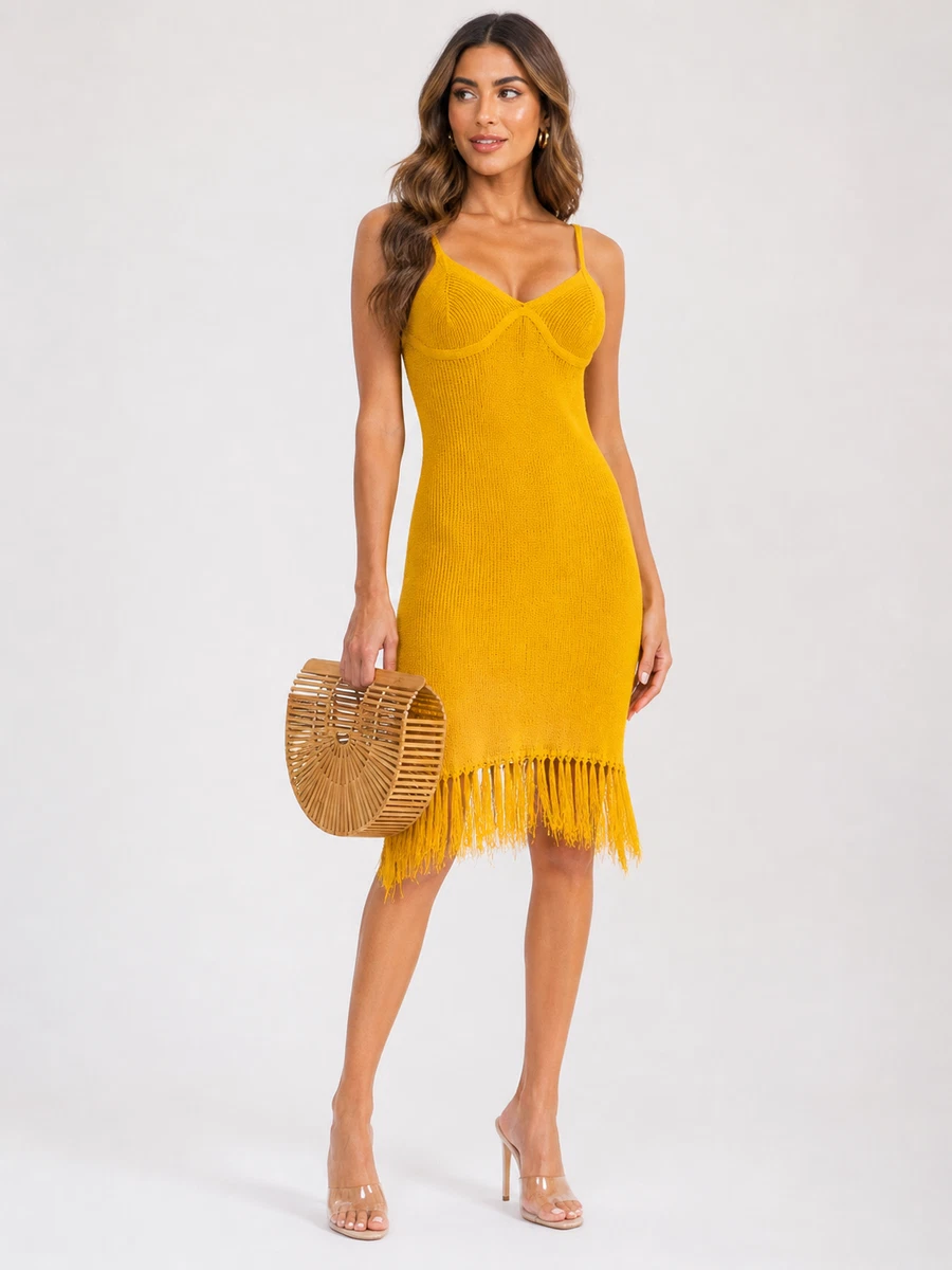 clooney fringe dress in flower yellow brown Clooney Fringe Mini Dress in Tonal Flower Mauve , Halter Neck , Asymmetric main image 1