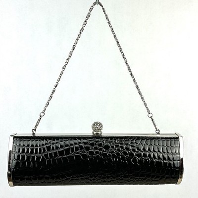 Mad Bags Black Evening Crocodile Embossed Clutch Handbag W/Rhinestone Clasp 10 