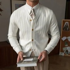 Men's V Neck Knit Cardigan, Slim Fit Plain Business Sweater Autumn Winter UK