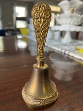 Vintage Swedish Solid Brass Hand Bell 6 ½” Floral Embossed Handle Dinner Bell