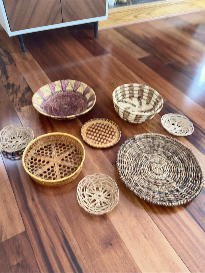 Vintage Woven Wicker Rattan Baskets - Set Of 8 stunning on wall Boho hippie Deco - Image 2 of 4