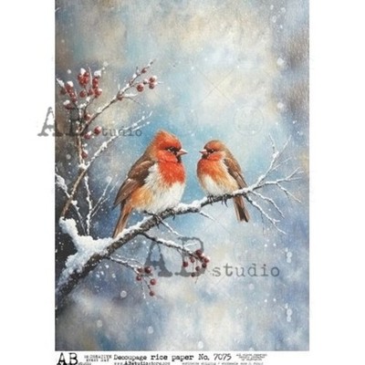 Decoupage Queen - AB Studios Rice Paper Winter Robins on Snowy Branch A4