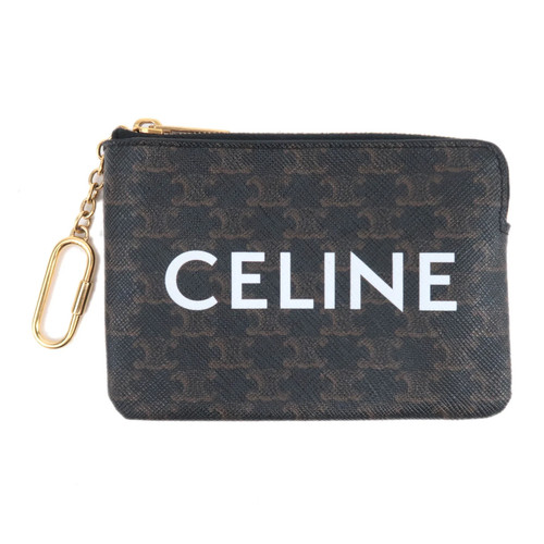 CELINE Triomphe PVC Logo Coin Case with Clip Black Brown Gold HDW Authentic