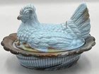MOSSER Blue Milk Red Slag Hen On Nest Art Glass Vintage Candy / Trinket Dish NEW