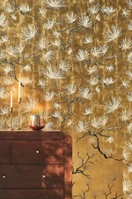 Anthropologie Wallquest Bonsai Floral Gold Leaf Wallpaper NWT All Natural