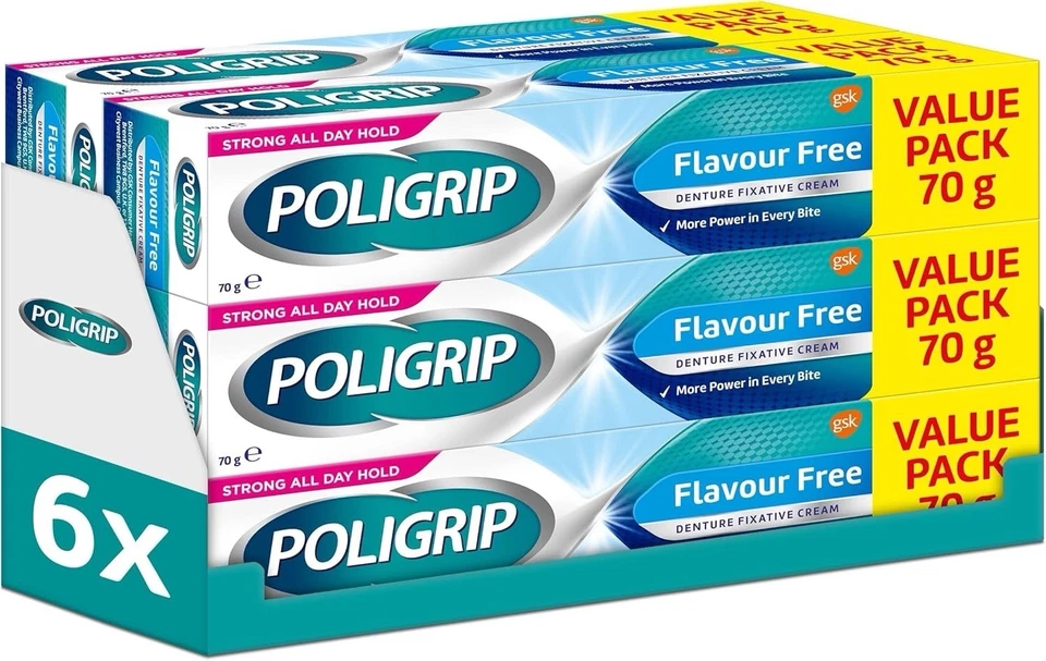 6 X Poligrip Flavour Free Denture Fixative Cream Polygrip Flavour Free - 70g