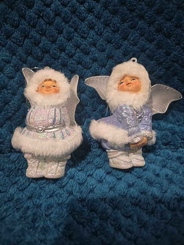 Lot Of 2 Angel Ornaments Child w Glittery Snow, Faux Fur, & Glittery Net Wings