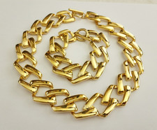 Vintage Statement Chunky Choker Necklace Bracelet Set Yellow Gold Tone Thick