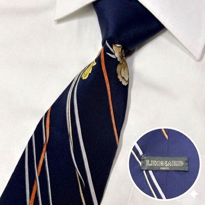 LEONARD Silk Tie Navy Gold Color Floral Stripe Men Necktie Made in Italy Y