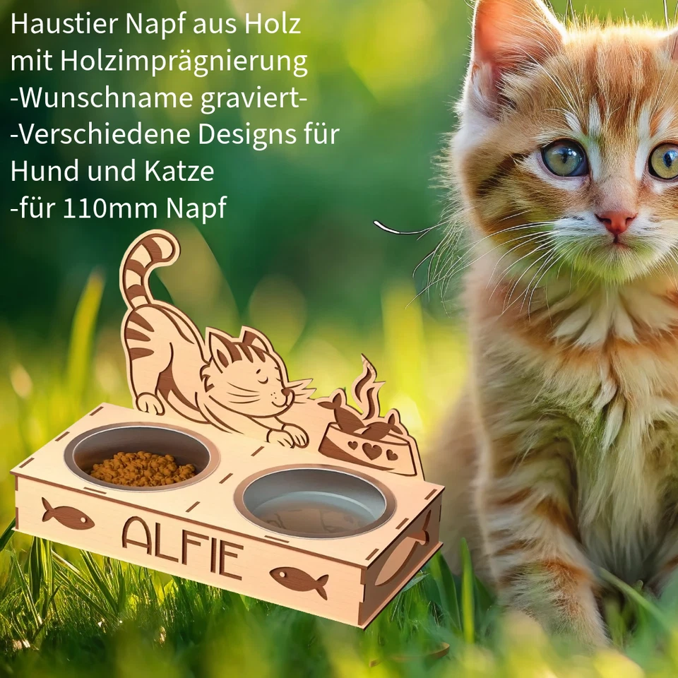 Hunde und Katze Napf-Halter aus Holz – personalisiert mit Wunschname - Bild 4 von 4