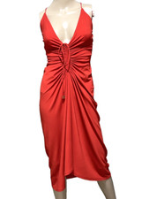 Michael Kors Collection Red Ruched Strappy Back Midi Cocktail Party Dress US 2