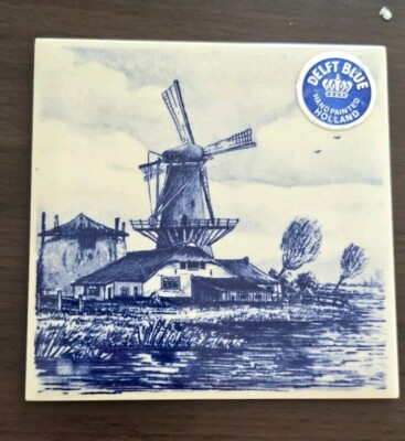 1960's Goedewaagen Delft Blue Holland Porcelain Stoneware Windmill 4 1/4'' Tile