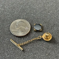 Vintage Men's Square Round Shiny Hematite Coin Gold Tone Tie Tack Pin B48818