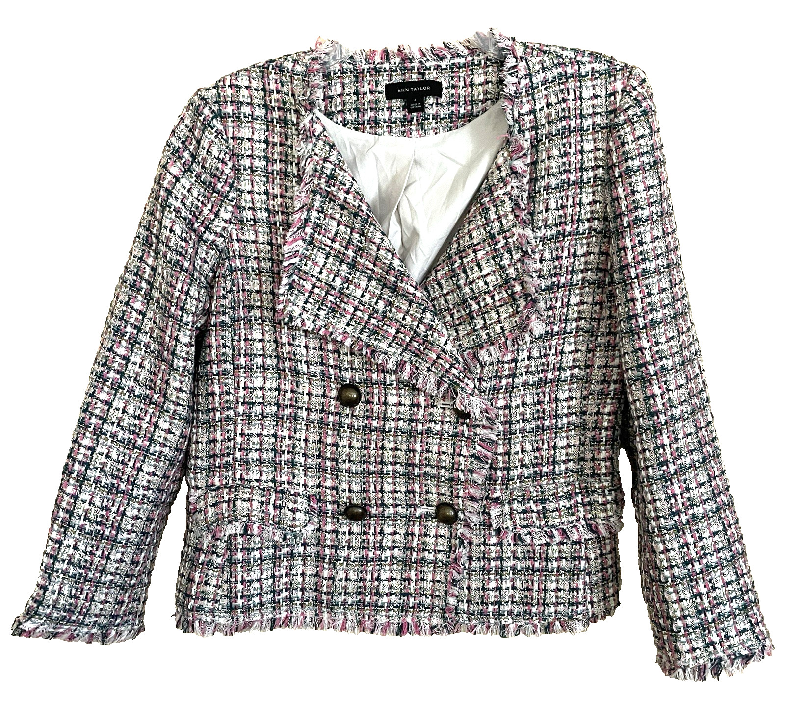 Ann Taylor Crop Jacket Blazer Size 2 Pastel Tweed Fringe Double Breasted Office